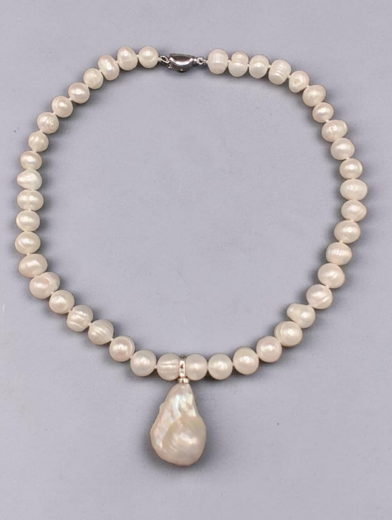 Aquarius Pearls Jewelry - 9.5-10.5MM Pearl Necklace & 17MM Removable Baroque Pearl Enhancer-Sterling Clasp